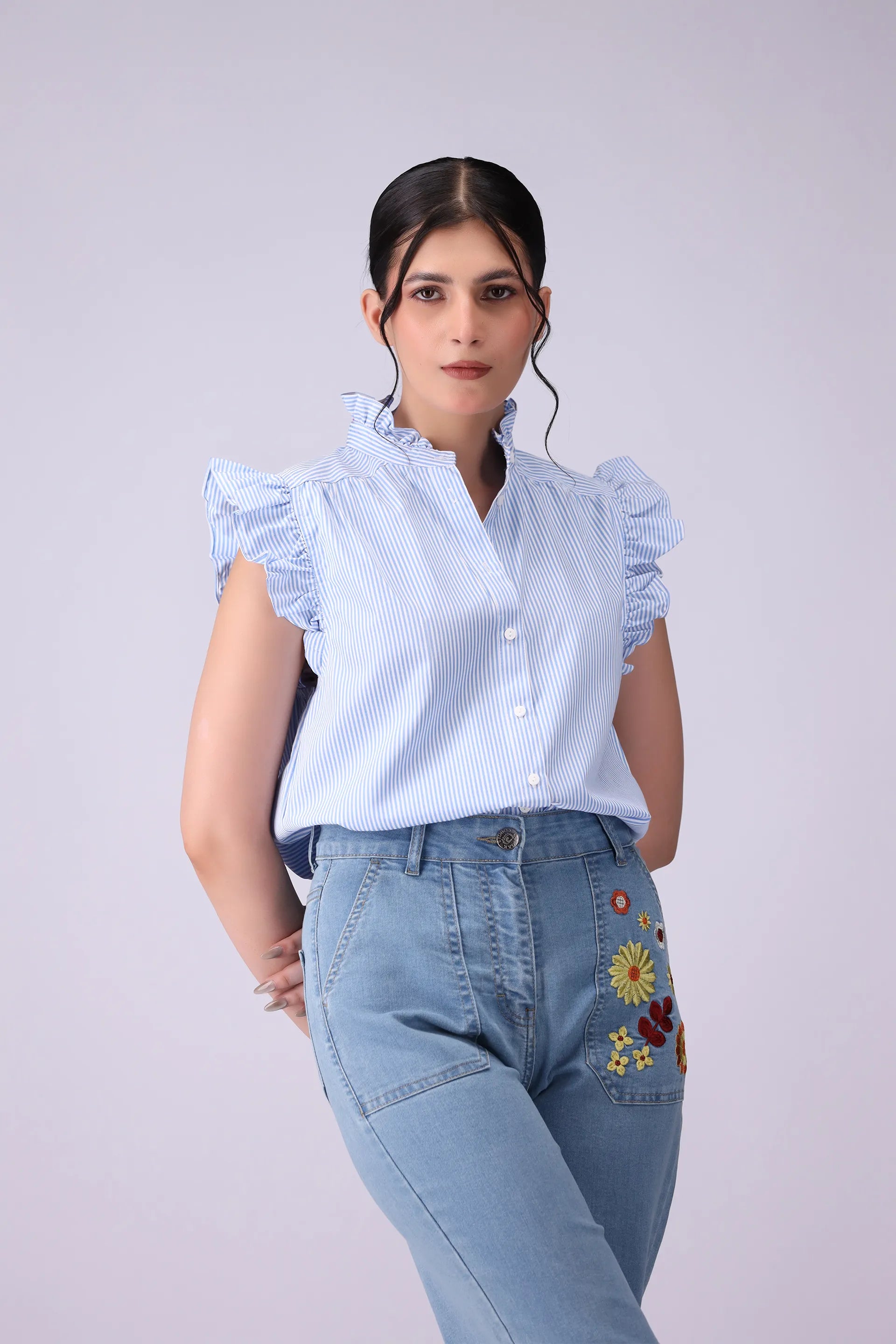 Button-Front Frilled Top - Cougar Clothing