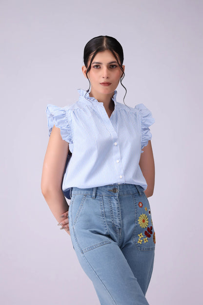 Button-Front Frilled Top - Cougar Clothing