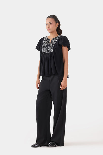 Embroidered Top With Flutter Sleeves - Cougar Clothing