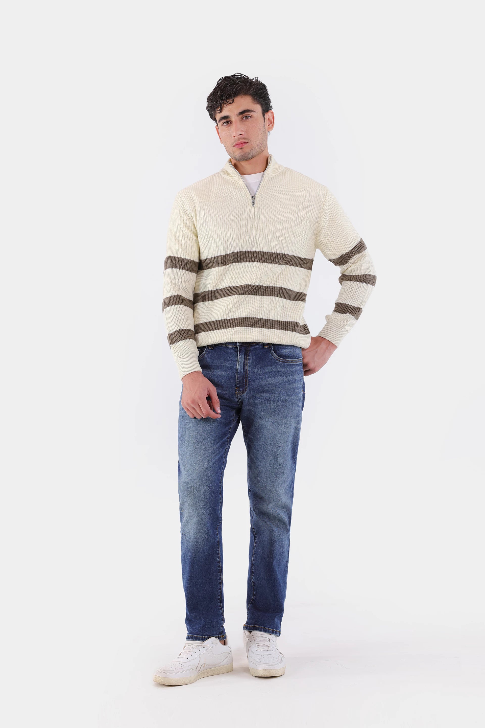 Quarter Zip Striped Sweater - Cougar Clothing