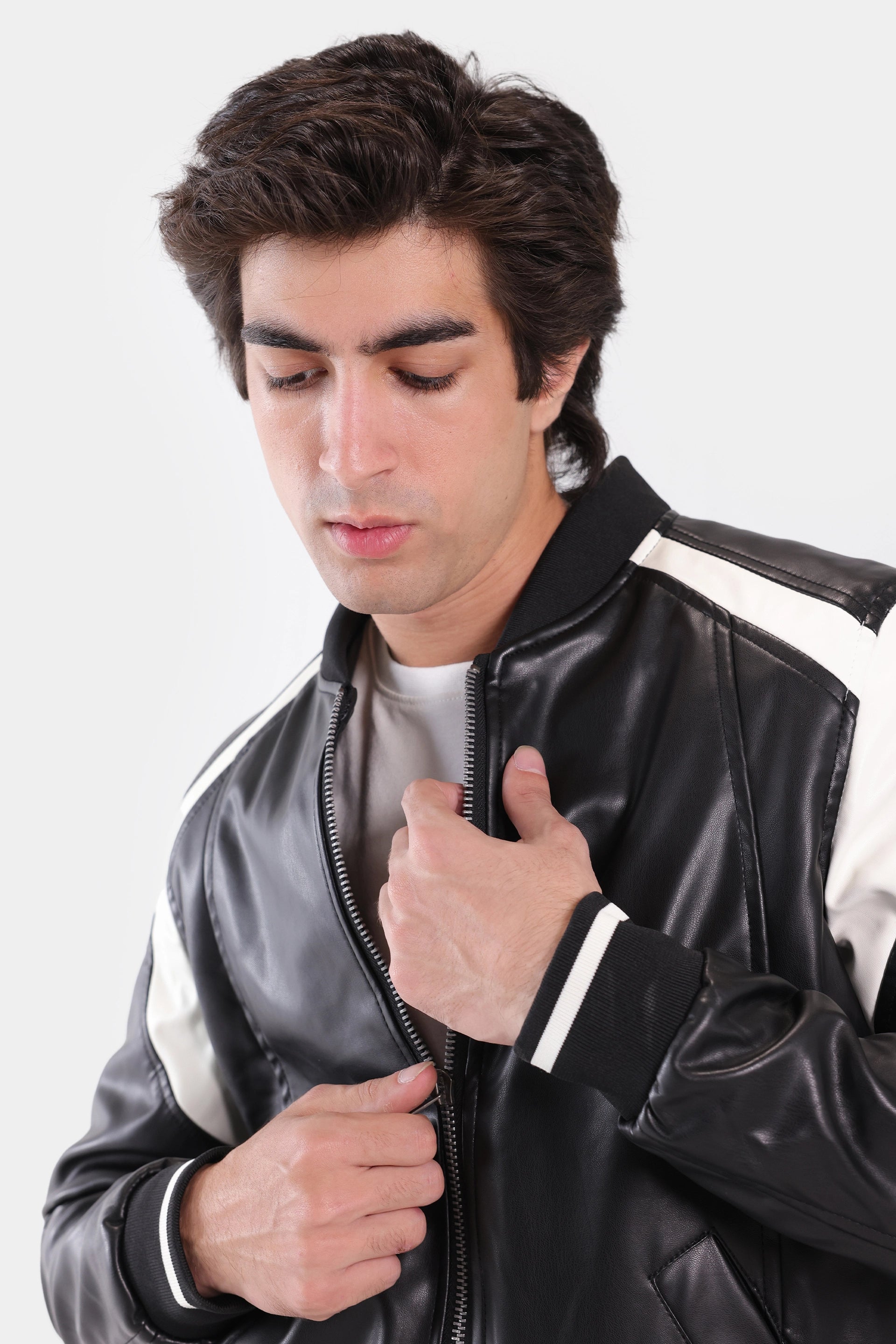 Faux Leather Jacket With Contrast Panel - Cougar Clothing