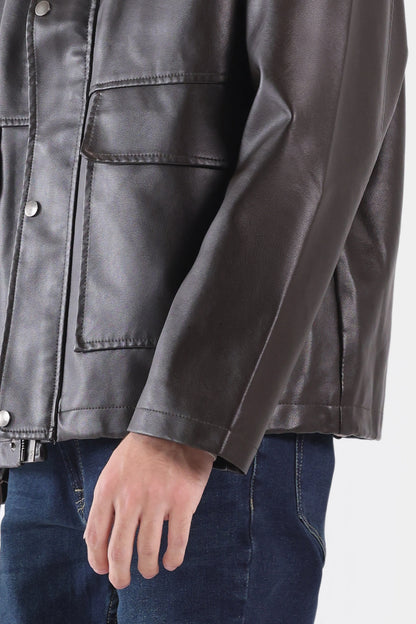Faux Leather Jacket With Flap Pockets - Cougar Clothing