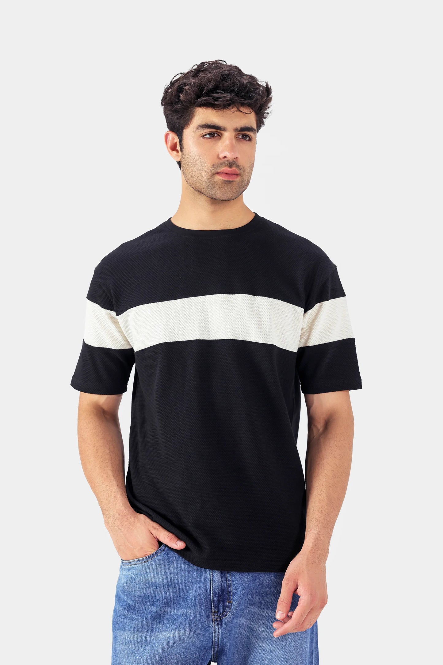 Popcorn Knit Panelled T-Shirt - Cougar Clothing