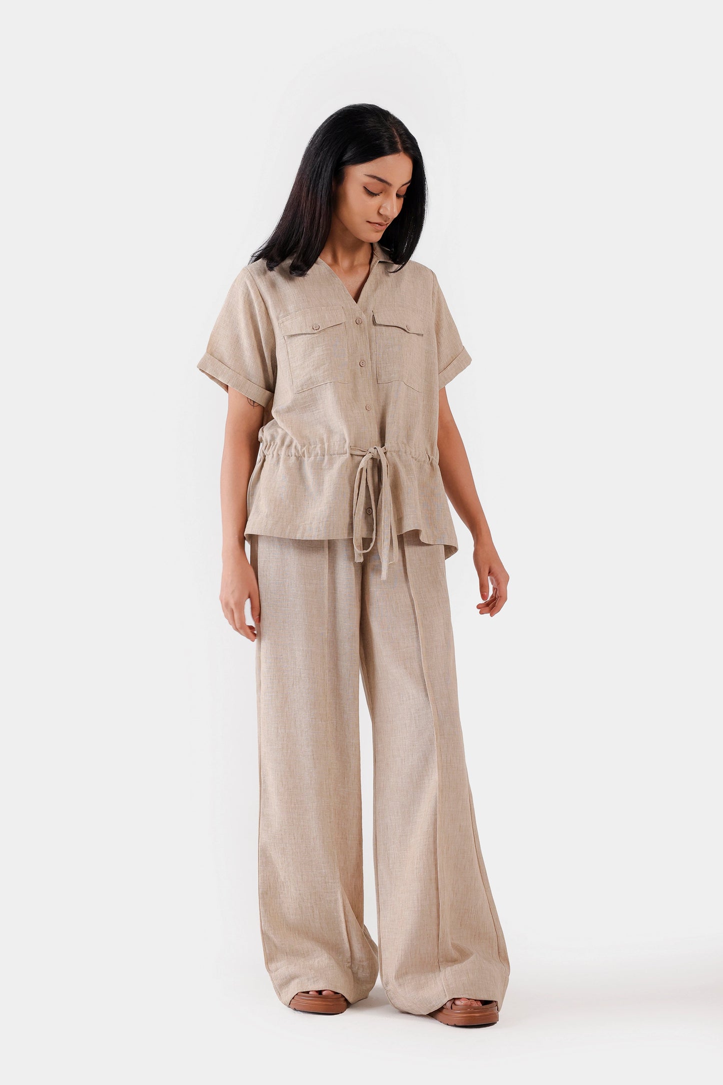 Drawstring Waist Textured Shirt - Cougar Clothing