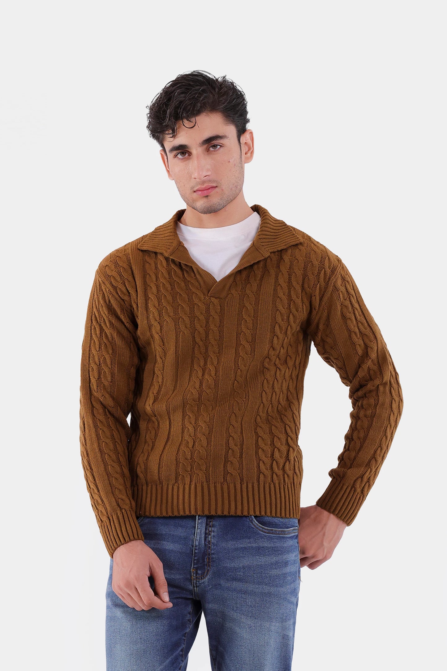 Cable Knit Open Collar Sweater - Cougar Clothing