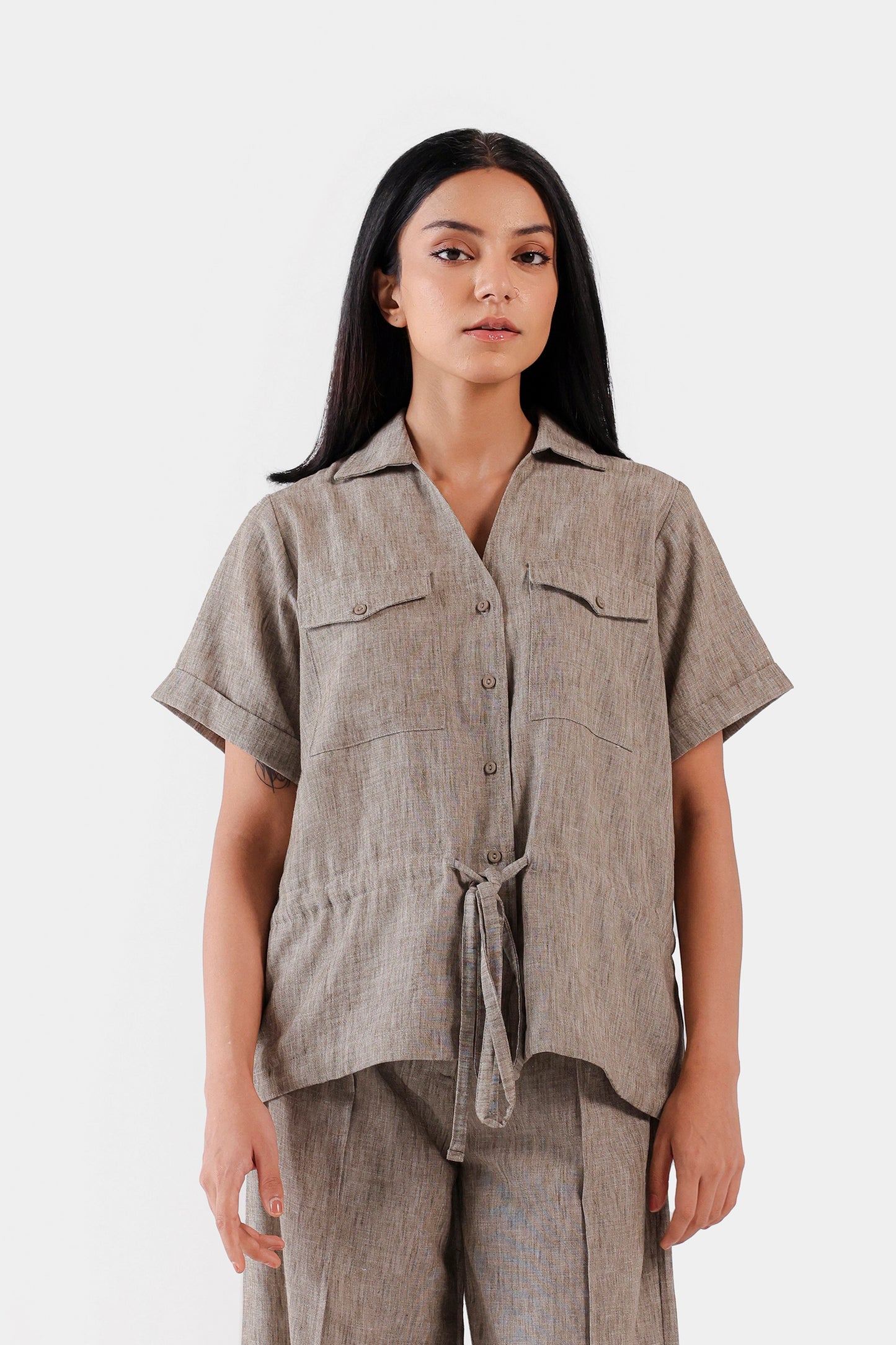 Drawstring Waist Textured Shirt - Cougar Clothing