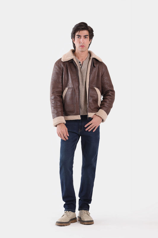 Faux Leather Jacket With Shearling Lining - Cougar Clothing