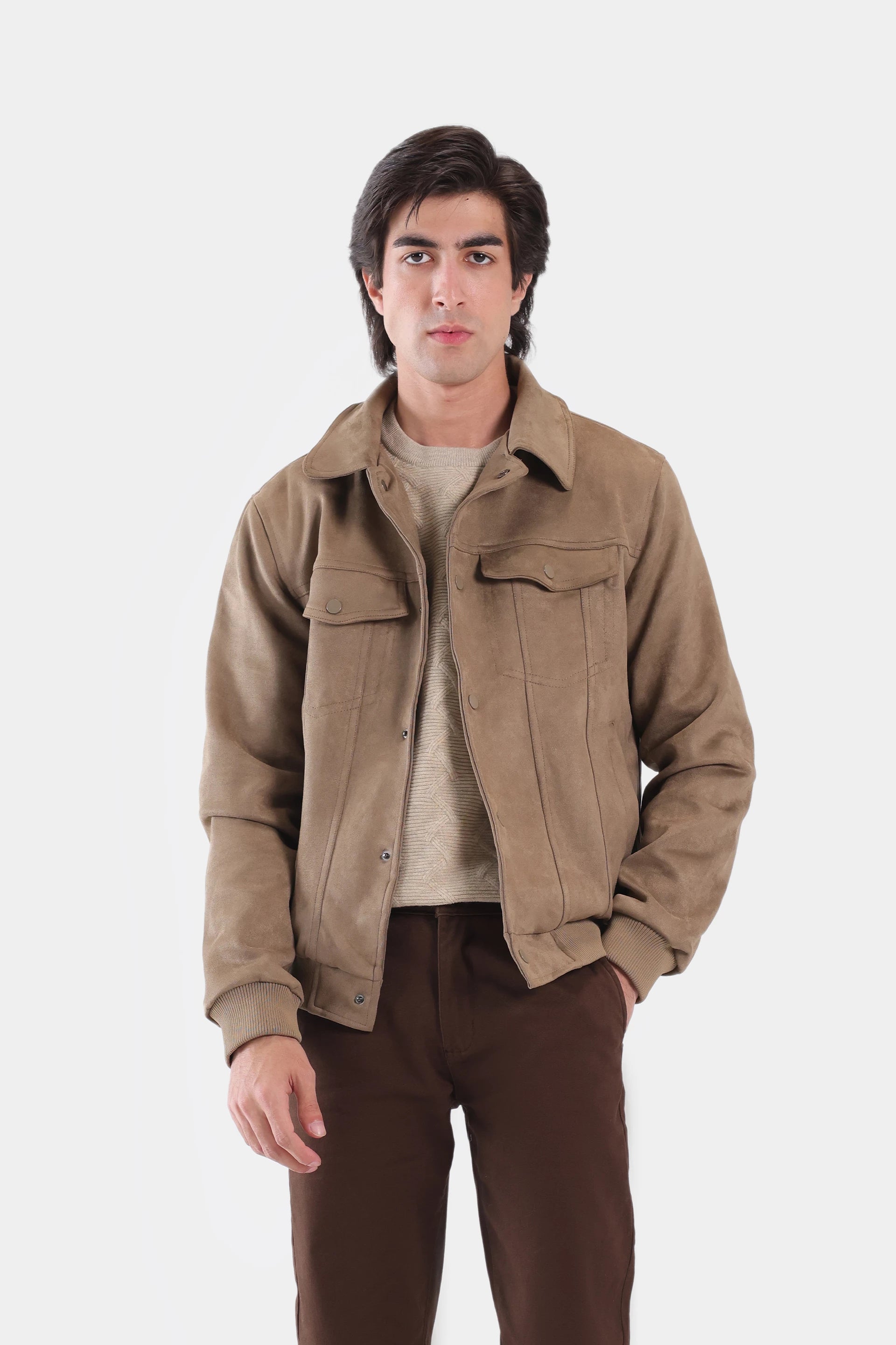 Faux Suede Jacket With Patch Pockets - Cougar Clothing