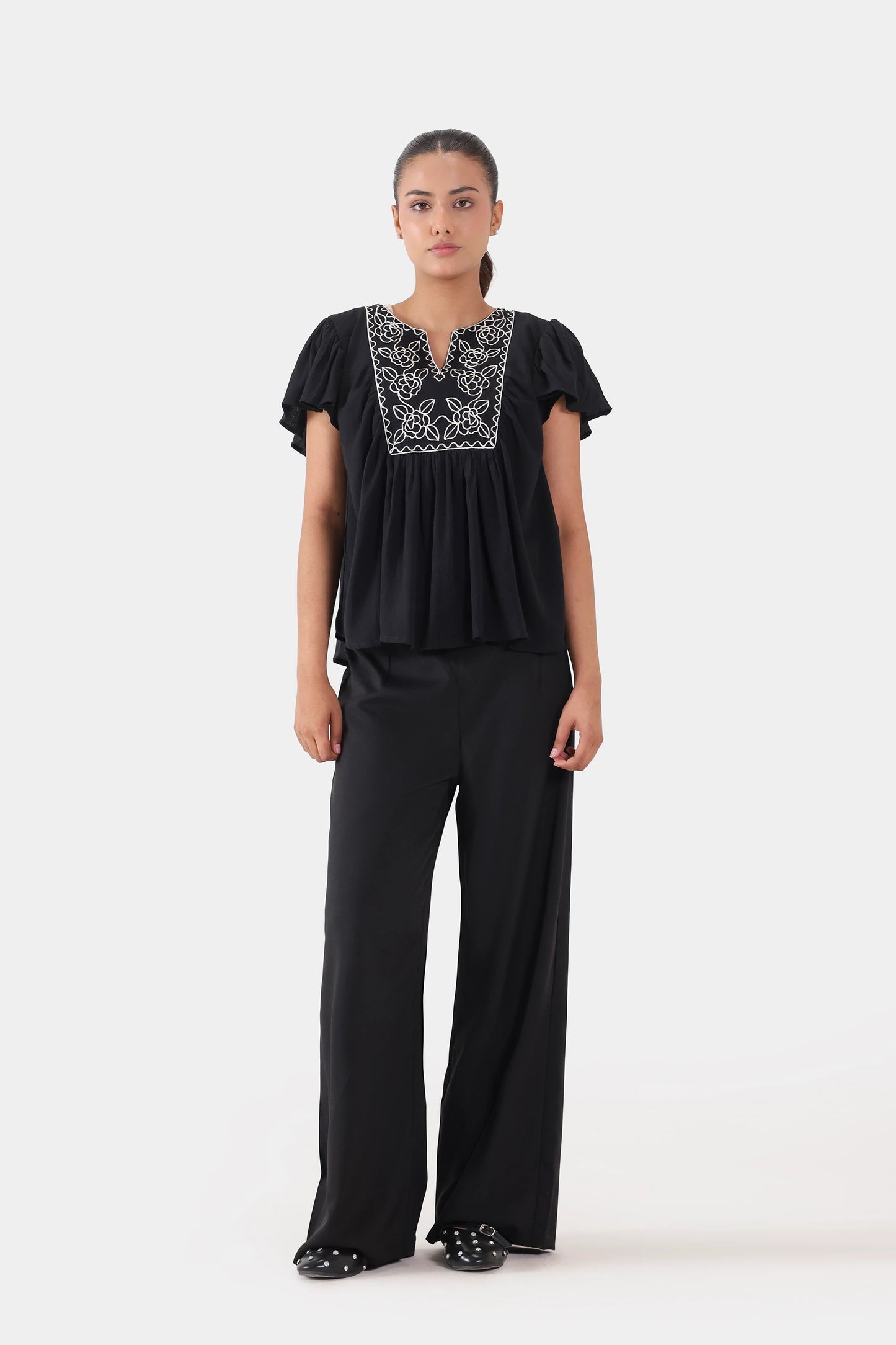 Embroidered Top With Flutter Sleeves - Cougar Clothing