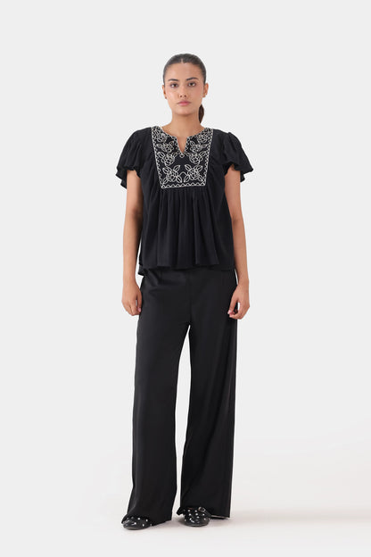 Embroidered Top With Flutter Sleeves - Cougar Clothing