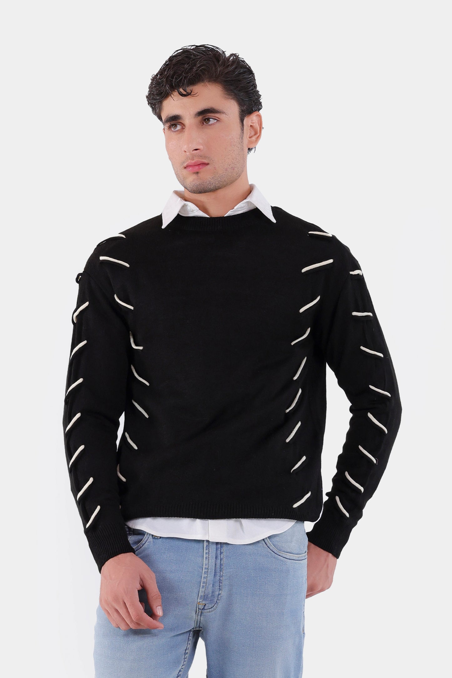 Contrast Cross Stitch Knit Sweater - Cougar Clothing