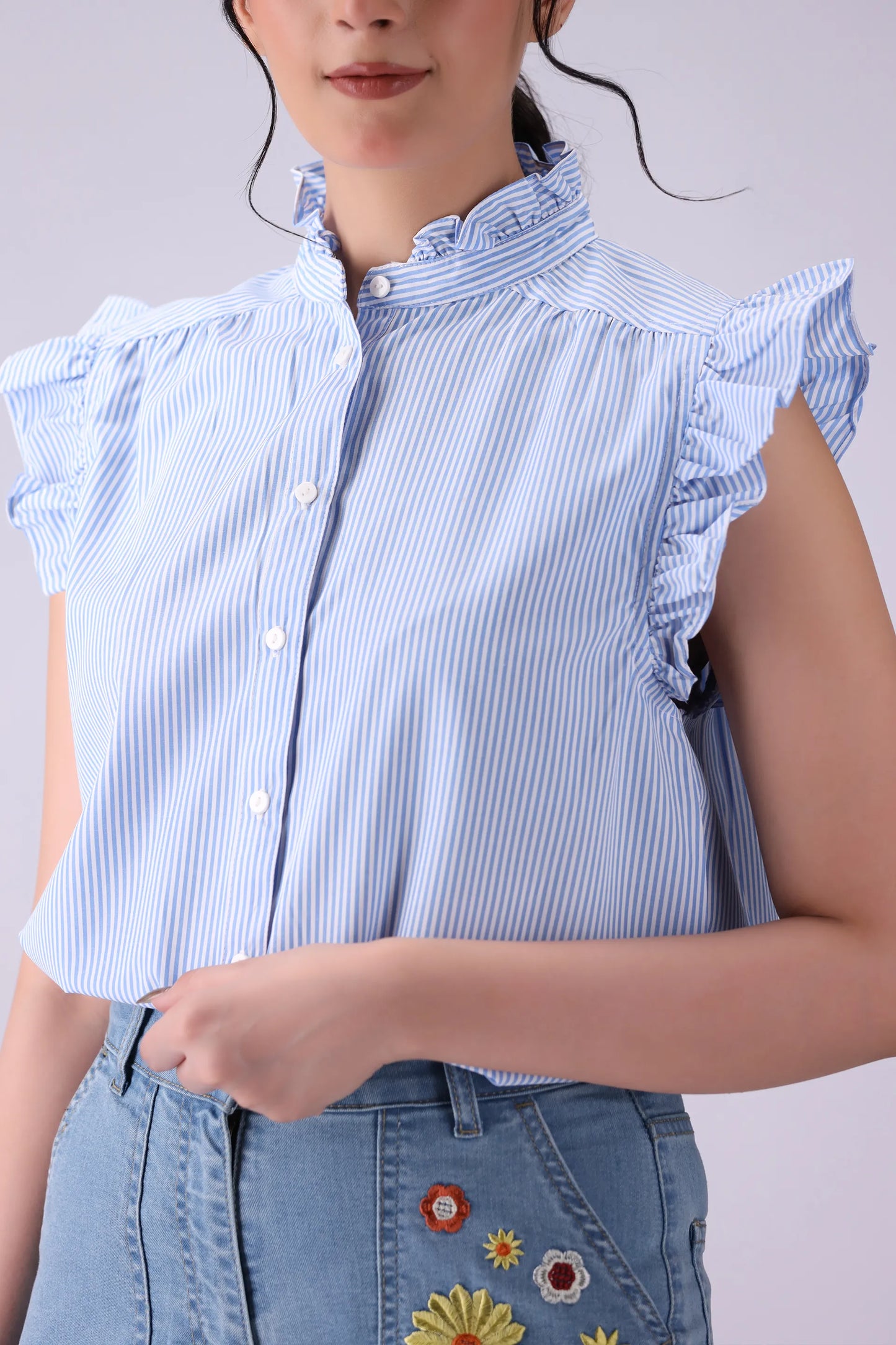 Button-Front Frilled Top - Cougar Clothing
