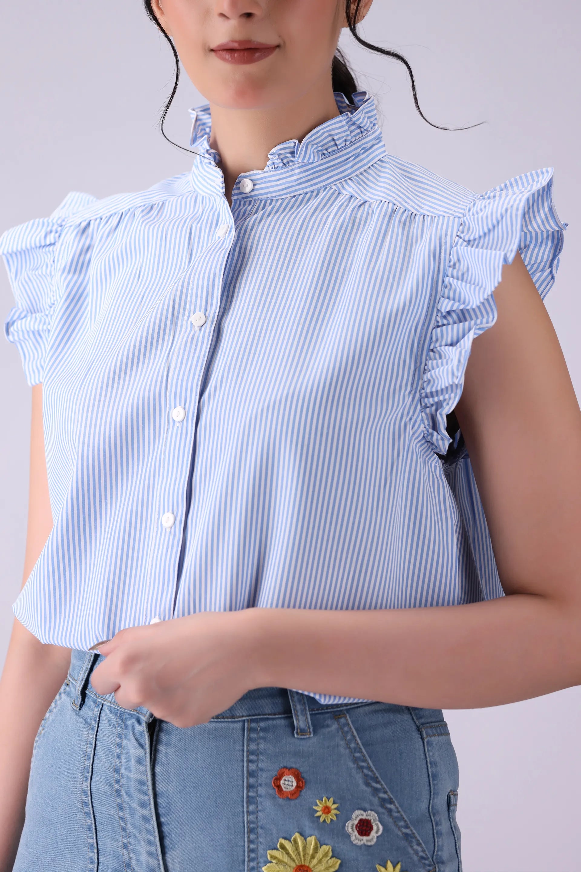 Button-Front Frilled Top - Cougar Clothing