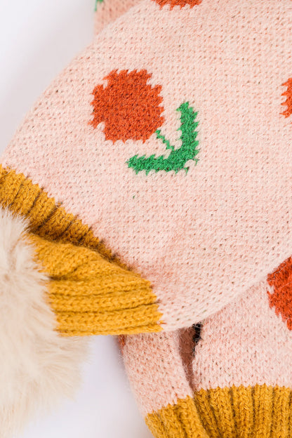 Floral Knit Pompom Cross Scarf - Cougar Clothing