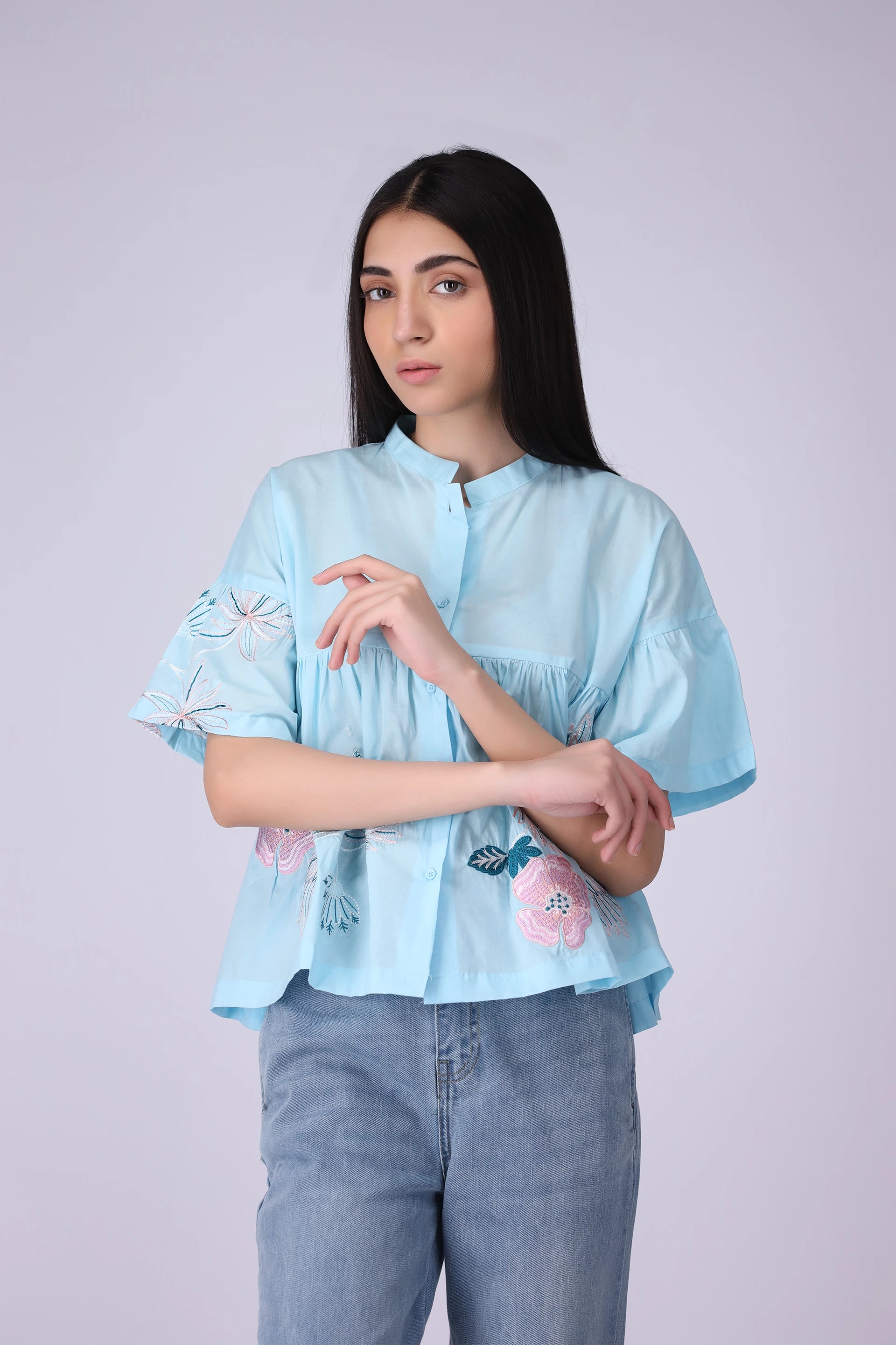 Button-Front Embroidered Top - Cougar Clothing