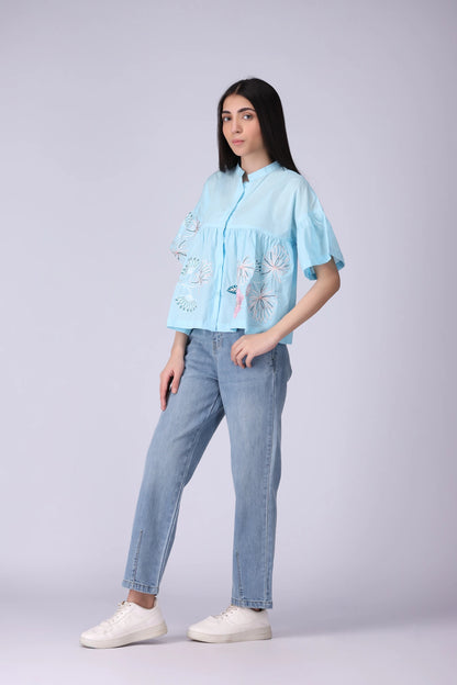 Button-Front Embroidered Top - Cougar Clothing