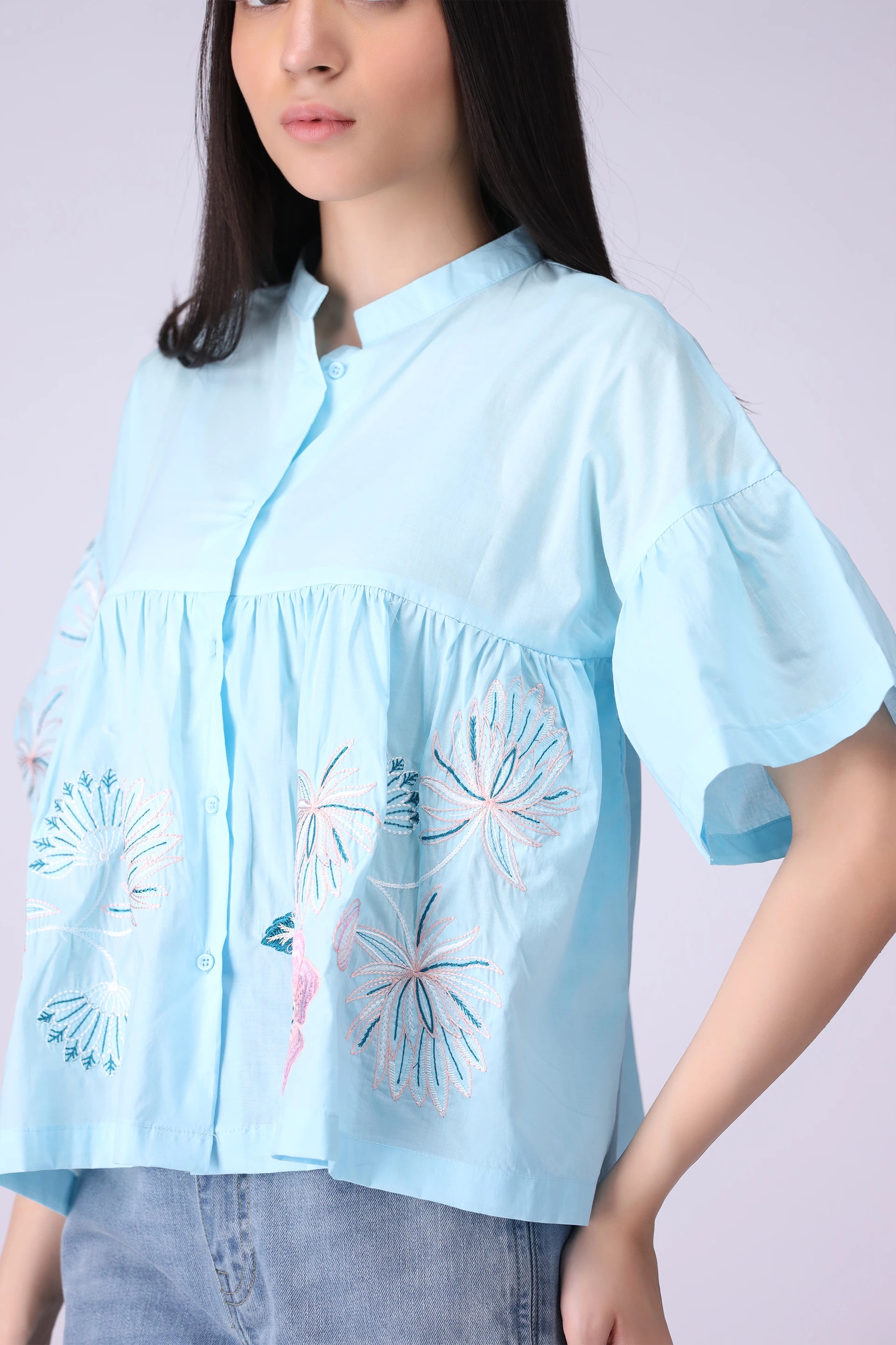 Button-Front Embroidered Top - Cougar Clothing