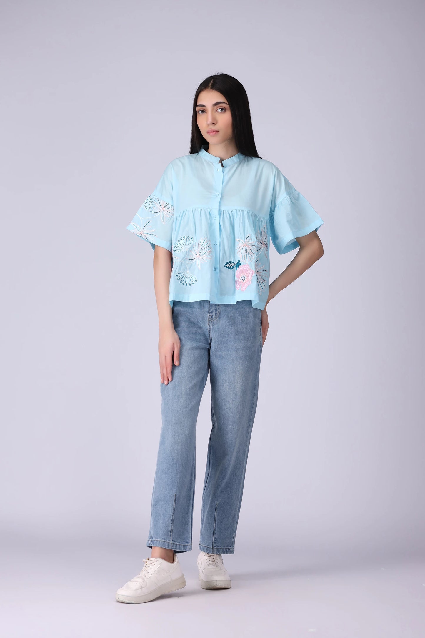 Button-Front Embroidered Top - Cougar Clothing