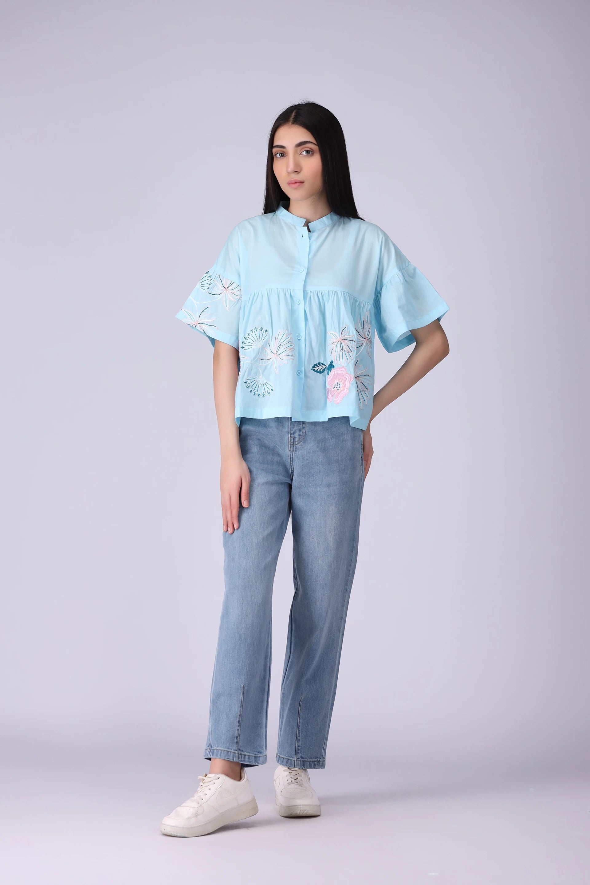 Button-Front Embroidered Top - Cougar Clothing