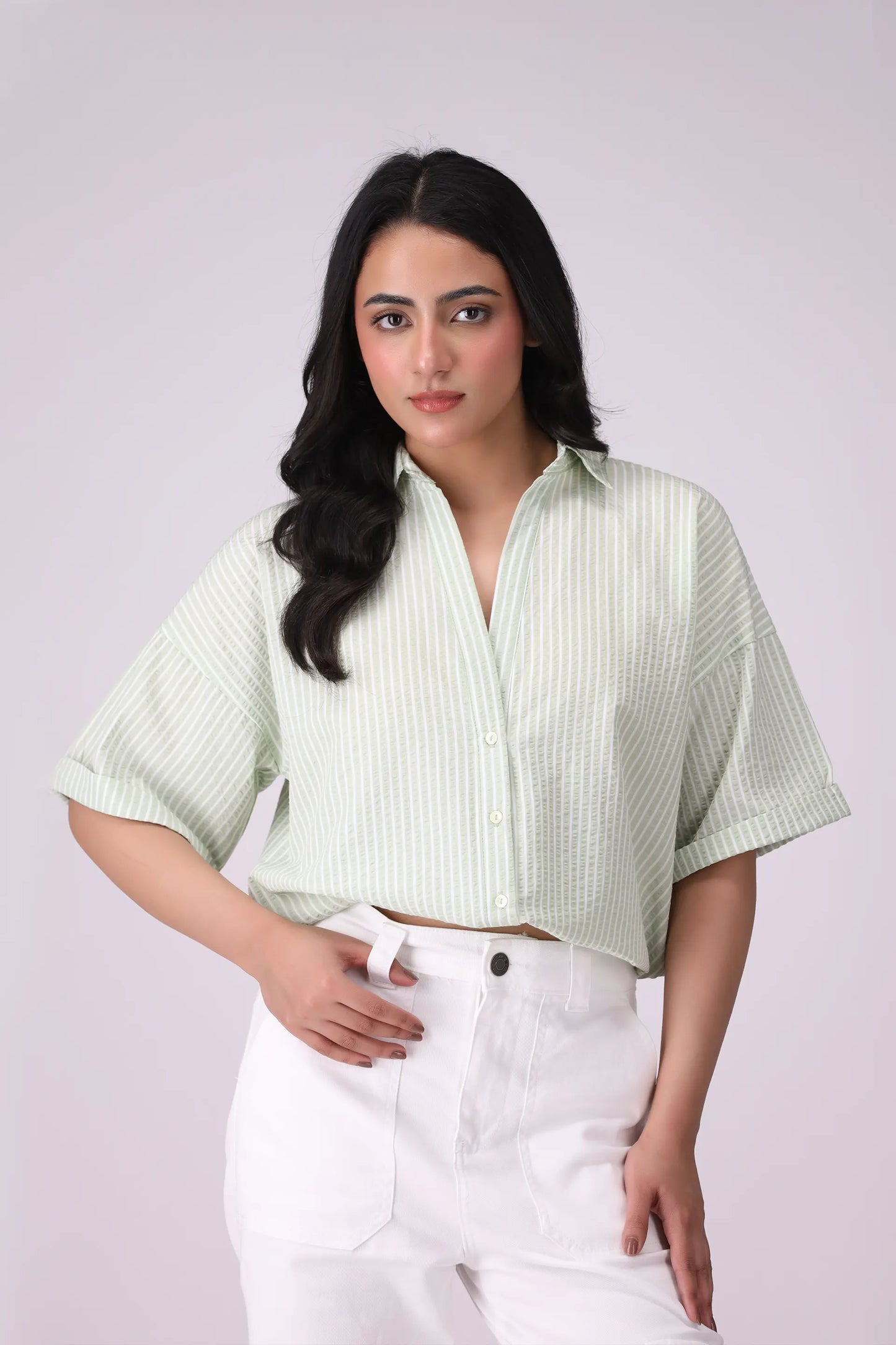 Drawstring-Hem Striped Shirt - Cougar Clothing