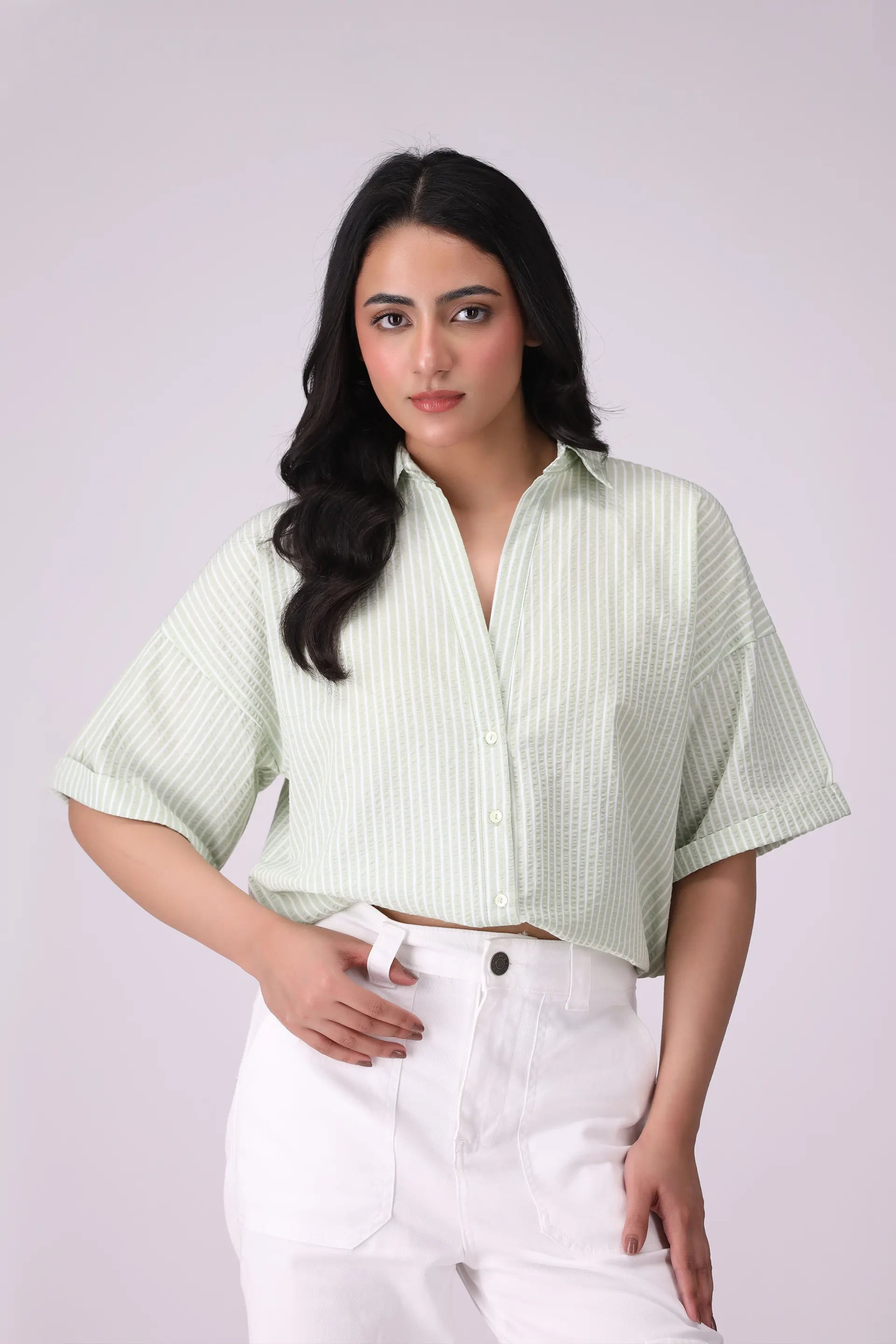 Drawstring-Hem Striped Shirt - Cougar Clothing