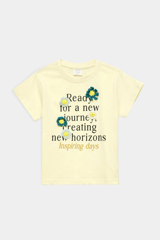 Slogan Printed T-Shirt With Knitted Flowers - Cougar Clothing